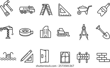 "Construction Thin Line Icons Set - Builder and House Repair Tool Collection"