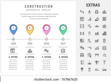 Construction timeline infographic template, elements and icons. Infograph includes options with years, line icon set with construction worker, builder tools, repair person, house building, project etc