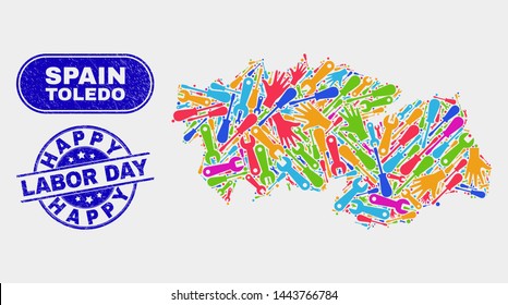 Construction Toledo Province map and blue Happy Labor Day textured seal. Colored vector Toledo Province map mosaic of mechanics components. Blue rounded Happy Labor Day seal.