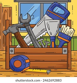 Bau-Werkzeugkasten farbige Karikatur-Illustration