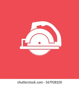 Construction Tool Circular Round Saw Flat Icon On Red Background