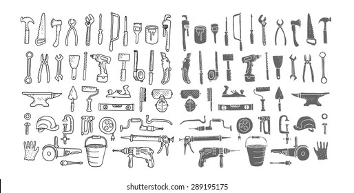 Construction tool collection. Doodles. Isolated.
