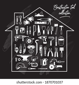 Construction tool collection. Icons set. Chalkboard.