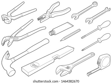 Construction tool collection - vector isometric outline illustration