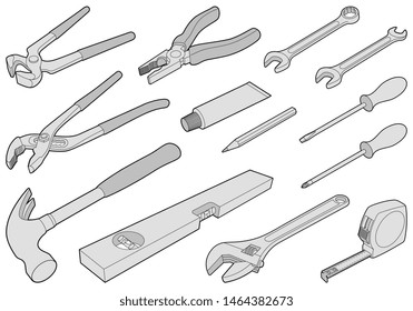 Construction tool collection - vector isometric outline illustration