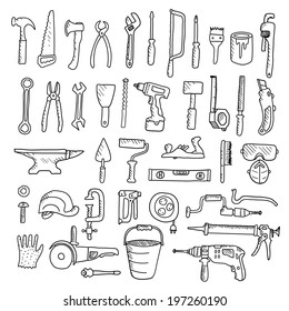 Construction tool collection - vector silhouette. Doodles. Isolated.