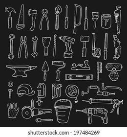 Construction tool collection - vector silhouette. Doodles. Isolated.