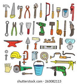 Construction tool collection - vector silhouette. Doodles. Isolated.