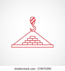 Construction Tool Crane Hook With Bricks Red Line Icon On White Background