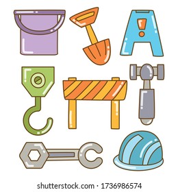 diseño de la línea de doodle en color de herramientas y equipos de construcción