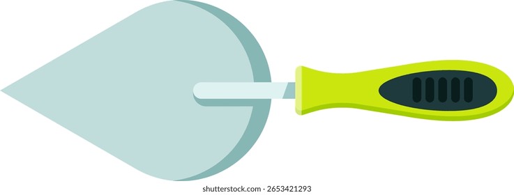 Construction tool with a flat, pointed metal blade and a green ergonomic handle, used for applying and spreading mortar or plaster in tiling and bricklaying