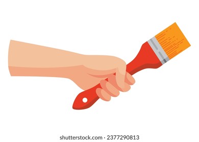 Construction tool in hand, brush. Repair and housework equipment in flat design, vector illustration. Master tool for building renovation