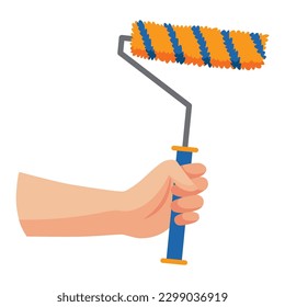 Bauwerkzeug in der Hand, Walze. Reparatur- und Haushaltsgeräte in flachem Design, Vektorgrafik. Hauptwerkzeug für die Gebäudesanierung