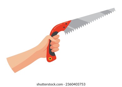 Construction tool in hand, saw. Repair and housework equipment in flat design, vector illustration. Master tool for building renovation