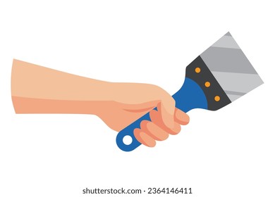 Herramienta de construcción en mano, espátula. Equipamiento de reparación y limpieza en diseño plano, ilustración vectorial. Herramienta maestra para la renovación de edificios