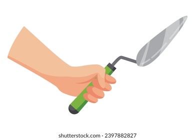 Construction tool in hand, trowel. Repair and housework equipment in flat design, vector illustration. Master tool for building renovation