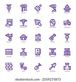 Construction and Tool icon pack for your website, mobile, presentation, and logo design. Construction and Tool icon basic line gradient design. Vector graphics illustration and editable stroke.