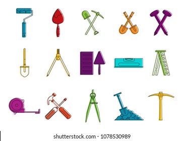 Construction tool icon set. Color outline set of construction tool vector icons for web design isolated on white background