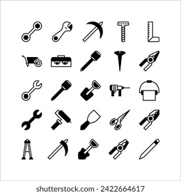 Construction tool icon set. filled black icon collection. Containing axe, drill and hammer icons.