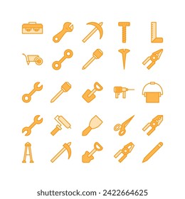 Construction tool icon set. filled color icon collection. Containing axe, drill and hammer icons.