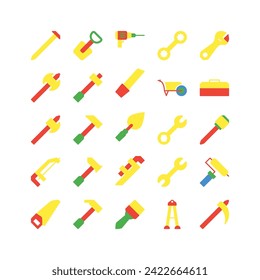 Construction tool icon set. flat color icon collection. Containing axe, drill and hammer icons.
