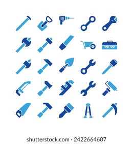 Construction tool icon set. glyph icon collection. Containing axe, drill and hammer icons.