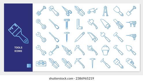 Conjunto de iconos de la herramienta de construcción. colección de iconos de degradado de línea. Conteniendo iconos de hacha, taladro y martillo.