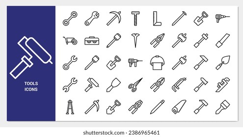 Construction tool icon set. line icon collection. Containing axe, drill and hammer icons.