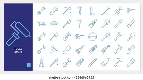 Construction tool icon set. line gradient icon collection. Containing axe, drill and hammer icons.