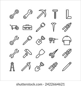 Construction tool icon set. line icon collection. Containing axe, drill and hammer icons.