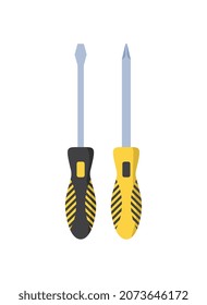 Construction tool icon. Set of stickers with screwdrivers. Attributes for unscrewing screws. Design element for websites and online stores. Cartoon flat vector collection isolated on white background
