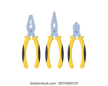 Construction tool icon. Set of stickers with pliers of various shapes. Attribute for unscrewing cogs. Design element for online stores. Cartoon flat vector collection isolated on white background