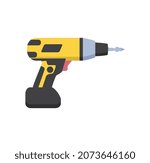 Construction tool icon. Sticker with electric screwdriver. Attribute for tightening screws and screws during repair. Design element for websites and online stores. Cartoon flat vector illustration
