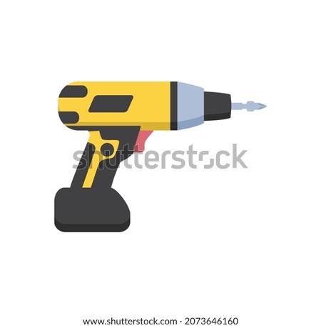 Construction tool icon. Sticker with electric screwdriver. Attribute for tightening screws and screws during repair. Design element for websites and online stores. Cartoon flat vector illustration
