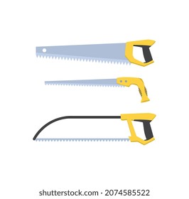 Construction tool icon. Stickers with different types of saws. Attributes for sawing materials for repair. Design element for social network. Cartoon flat vector set isolated on white background