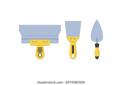 Construction tool icon. Stickers with spatulas of various shapes. Attributes for applying putty or plaster. Design element for website. Cartoon flat vector collection isolated on white background