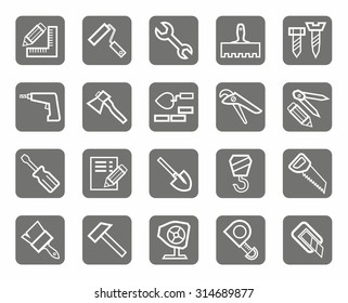 Construction tool icons, gray background. Tools for repair and construction. White icons on a gray background. For websites, print and infographics.  