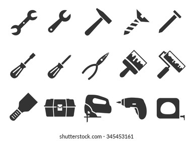 Construction tool icons. Included the icons as screwdriver, nail, tool box, paint, electric saw and more.