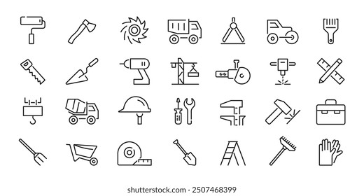 Conjunto de iconos de herramientas de construcción. Iconos del instrumento suсh como martillo, taladro, pala, hacha, aserrín, cepillo. Vector.