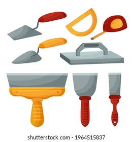 Herramienta de construcción aislada sobre fondo blanco. Espátula sobre un fondo blanco. Herramienta de putty. Trowel para terminar el trabajo. Ilustración vectorial. Construcción y reparación, espátulas, paletas, cinta, regla