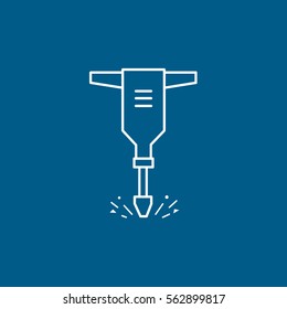 Construction Tool Jackhammer Line Icon On Blue Background