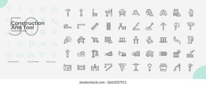 Conjunto de iconos editables de construcción y línea de herramientas. Ilustración vectorial en el estilo de línea delgada moderna de los iconos de la construcción y de la herramienta: herramienta, equipo, renovación, etc