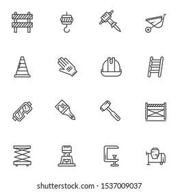 Construction tool line icons set. linear style symbols collection outline signs pack. vector graphics. Set includes icons as crane hook, wheelbarrow, safety helmet, gloves, protective glasses, barrier