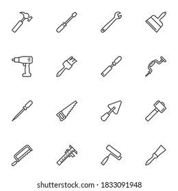 Conjunto de iconos de línea de herramienta de construcción, colección de símbolos de vector de contorno, paquete de pictogramas de estilo lineal. Señales, ilustración del logotipo. El conjunto incluye iconos como spanner, hammer, paintcel, sierra, destornillador eléctrico
