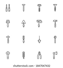 Construction tool line icons set, outline vector symbol collection, linear style pictogram pack. Signs, logo illustration. Set includes icons as screwdriver, screw, hammer, spanner, paint brush, knife