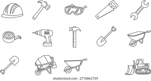 Construction tool machinery sketch icons collection with crane truck hammer