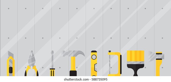 Construction tool on metallic background. Flat vector illustration for web design. Colorful horizontal banner for web site. Knife, brush, hammer and other tool on gray background.