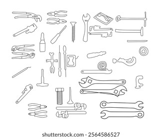 Construction Tool Outline icon set. Featuring Materials for Various Industry and construction linear icons collection of renovation, architecture, engineering. Construction Vector illustration.
