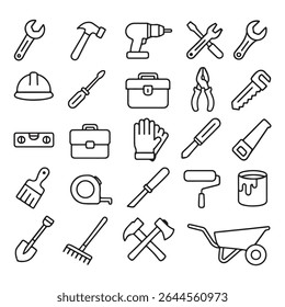 Construction tool outline icon set - vector symbols of hand tools, power tools, safety gear, and DIY equipment