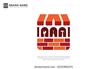 Construction Tool Shop Logo. Modern brick building logo with integrated construction tools, representing a hardware store, home improvement business, or reliable construction company. Editable vector.